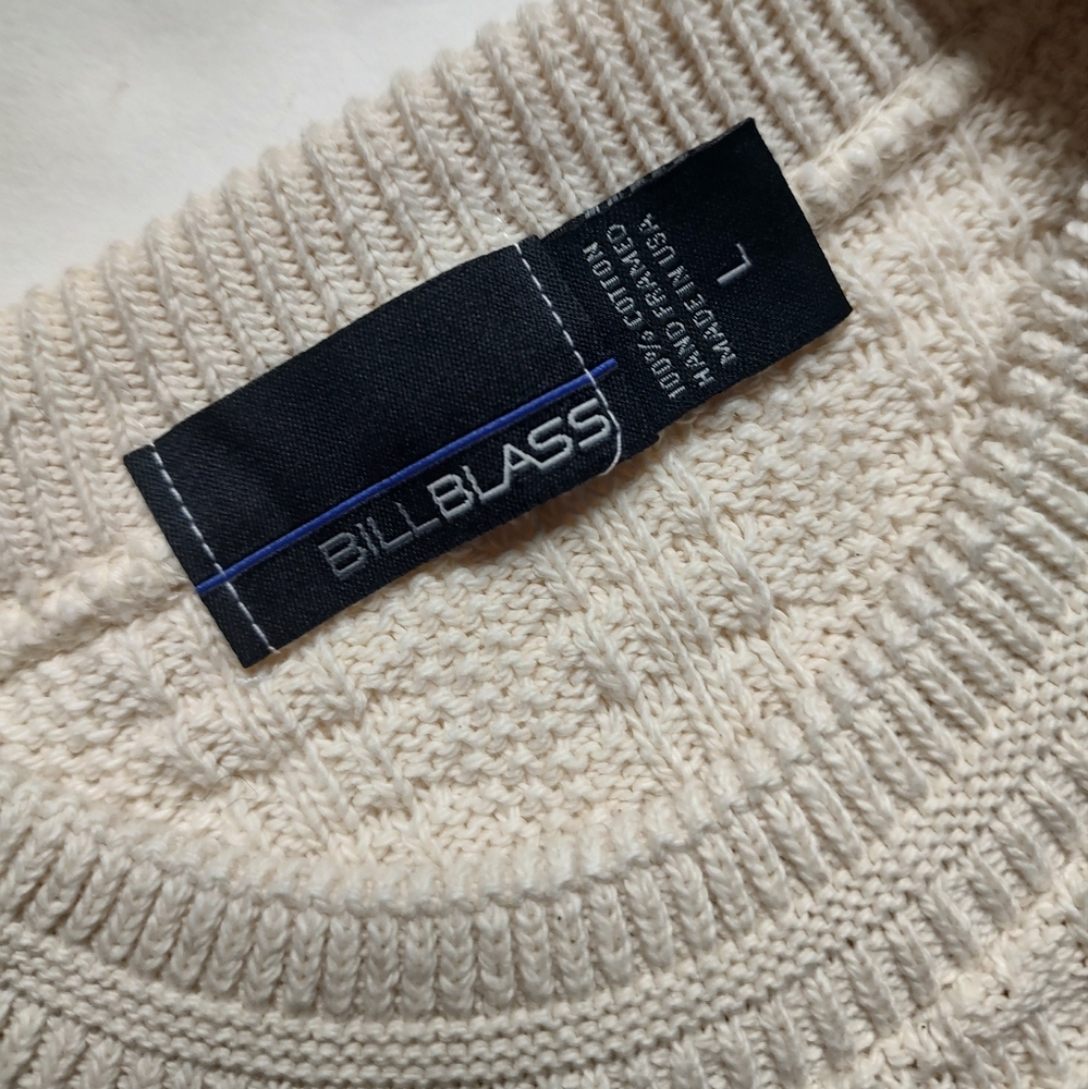 Bill Blass Vintage Sweater Men Cotton Cream Pullover Knit Crew Neck USA Ivory L - Picture 16 of 16